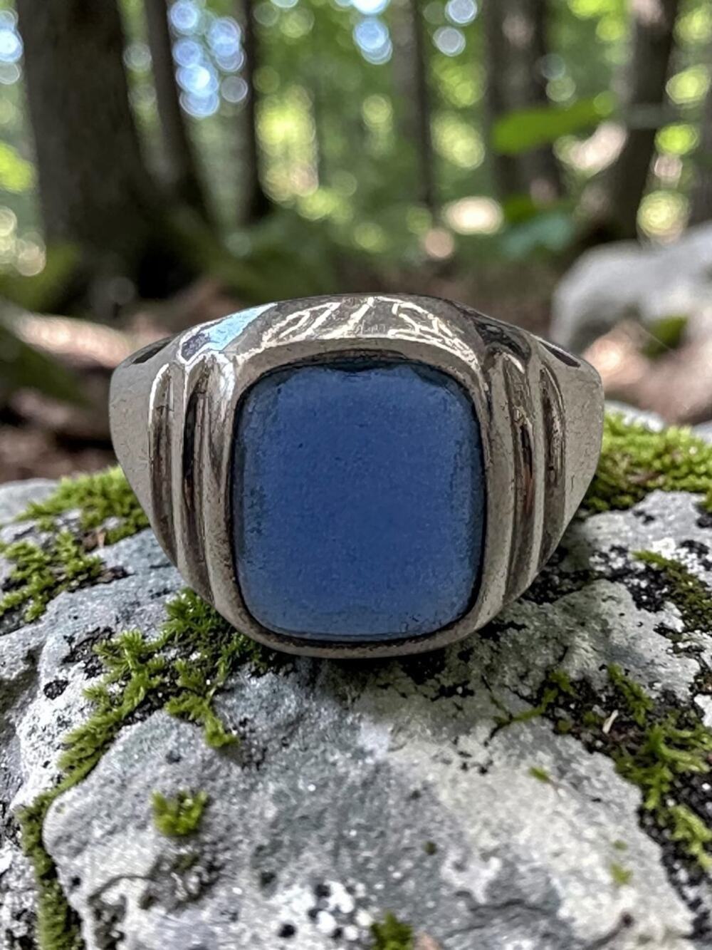 Sterling Silver Glass Ring Size 8.5 Blue Stone Vintage Style